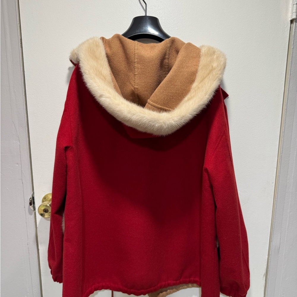 Women's Red Wool Jacket with Real Mink Fur Trim - Picture 5 of 5